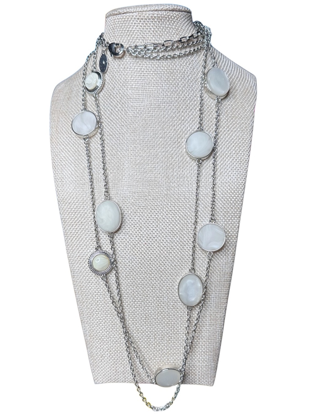 Chico's Silver Multi-Chain Necklace with White Cabochons